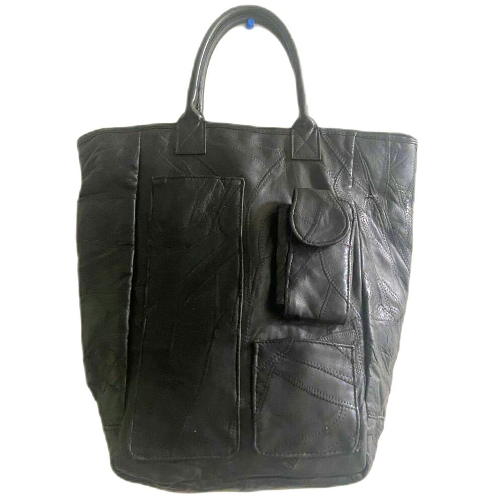Vintage 90s Leather Patchwork Large Tote Bag Black Handbag Y2K Boho Carryall